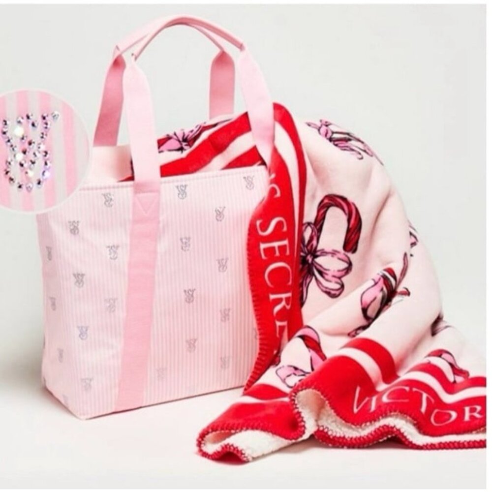 VICTORIA’S SECRET BLACK FRIDAY CANDY CANES/BOW PLUSH BLANKET & PINK SHINE TOTE